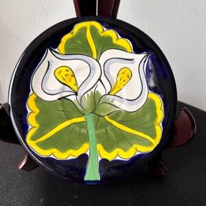 Vintage Mexican Talavera Pottery Plate, Hand-Painted Calla Lily Design, 1980s